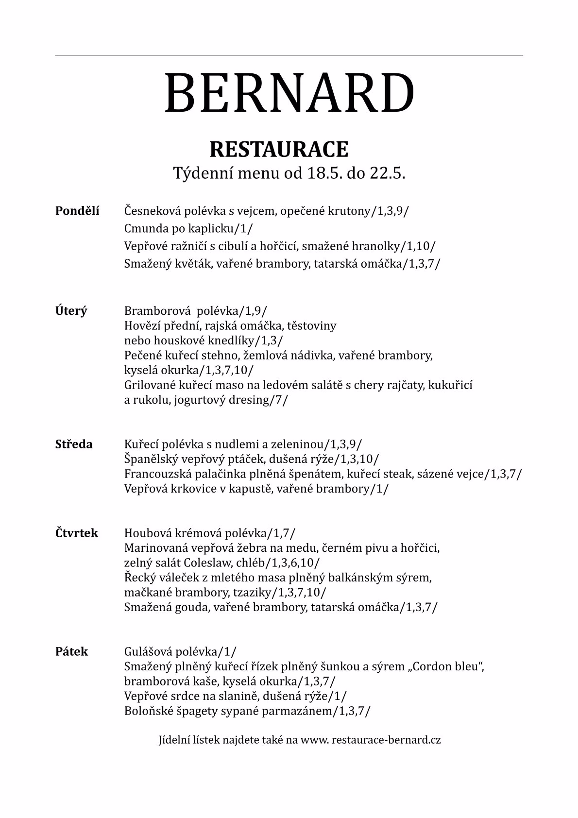 Týdenní menu - Restaurace Bernard České Budějovice