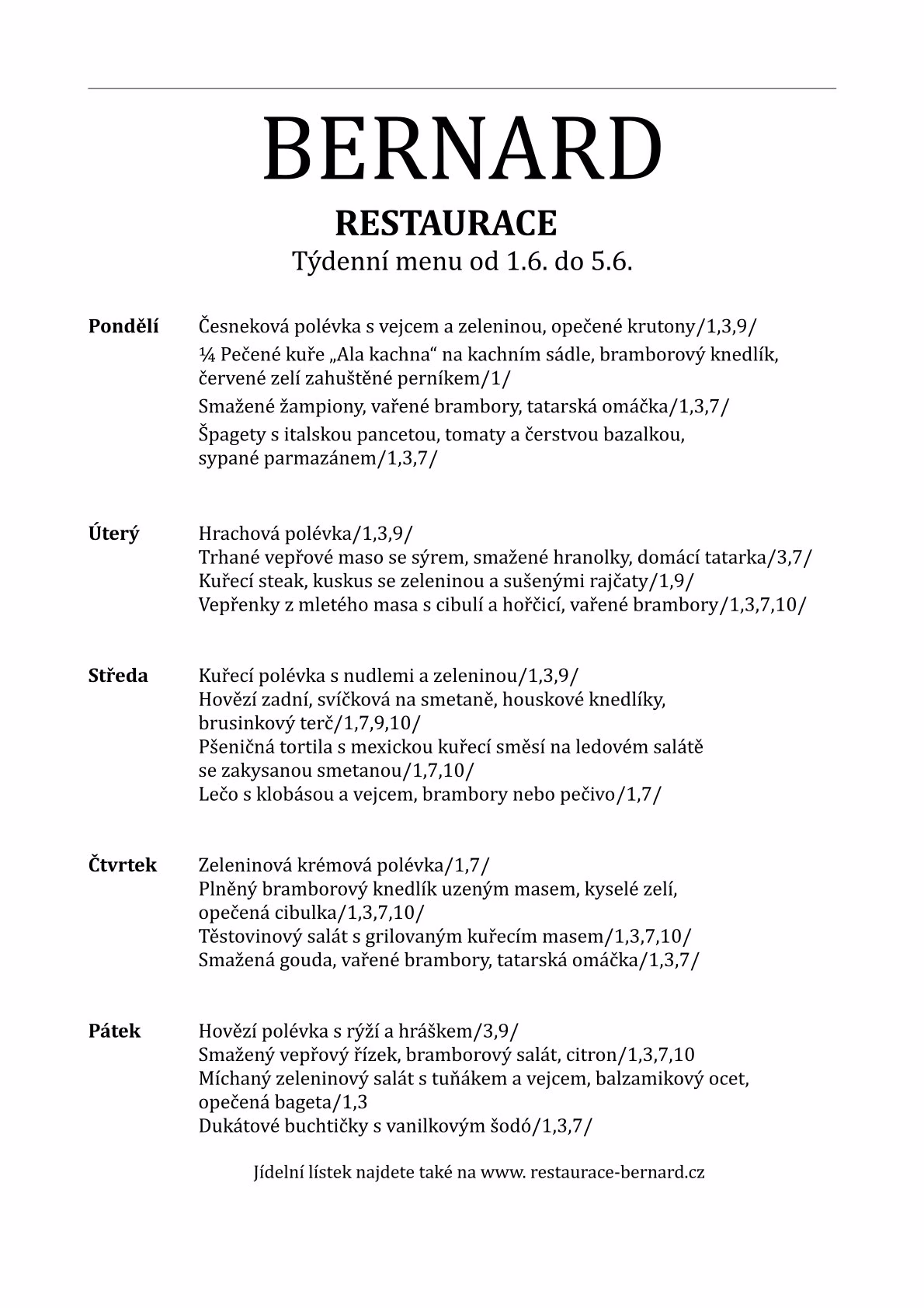 Týdenní menu - Restaurace Bernard České Budějovice