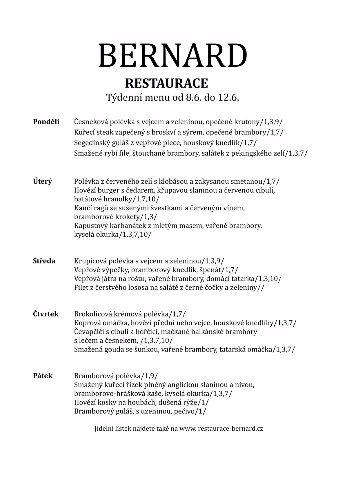 TÝDENÍ JÍDELNÍČEK 202624 Týdenní menu - Restaurace Bernard České Budějovice