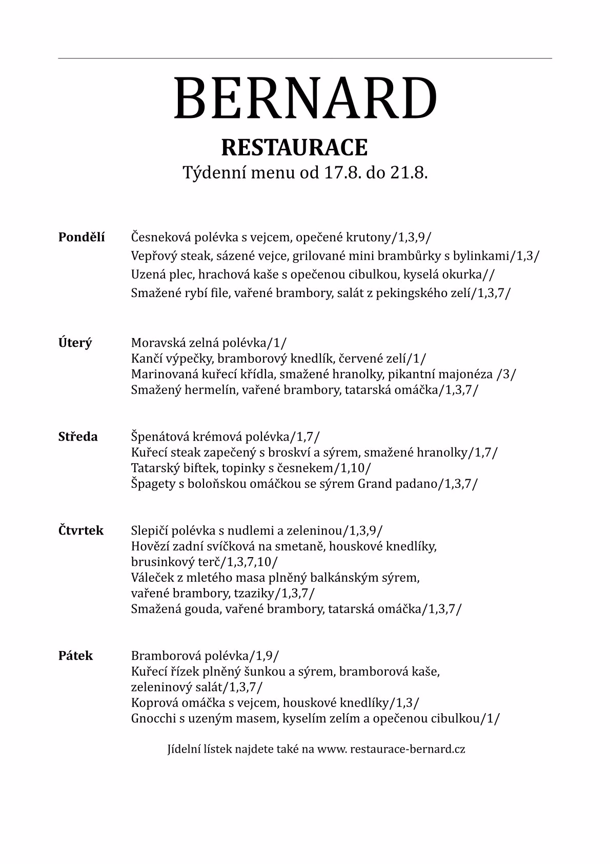 Týdenní menu - Restaurace Bernard České Budějovice